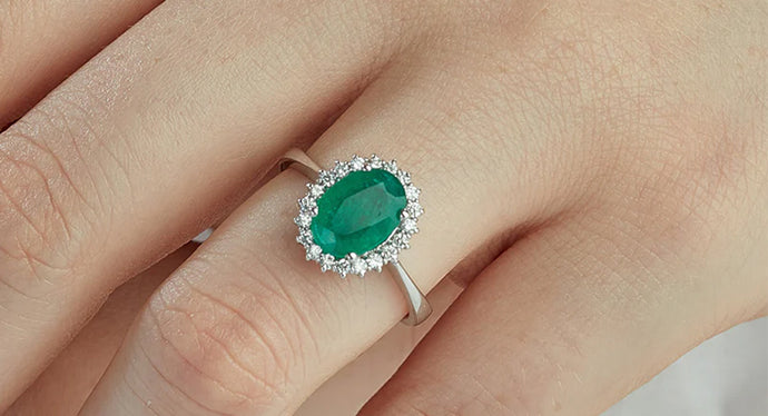 Modern Halo Oval Cut Emerald Engagement Ring, 3 carats 8*10 mm Muzo Green  Emerald with Micro Pavé Halo, May Birthstone Promise Ring Gift